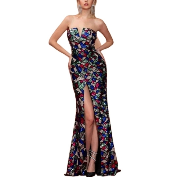 Missord Sexy V-Cut Strapless Sequin Multi Color Mermaid Dress With High Split - Picture 1 of 13